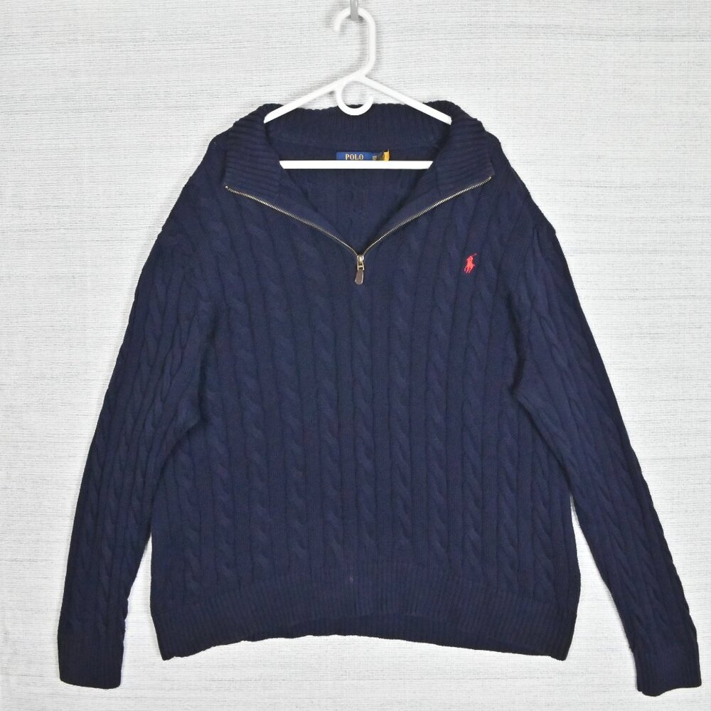 Polo Ralph Lauren Chunky Cable Knit Warm 1/4 Zip Mock Neck Sweater Navy Blue 2XB